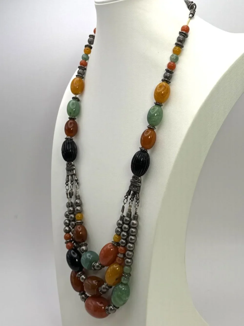 Vintage Chunky Resin Bead Necklace Multi Strand Orange Green Silver Tone 124g